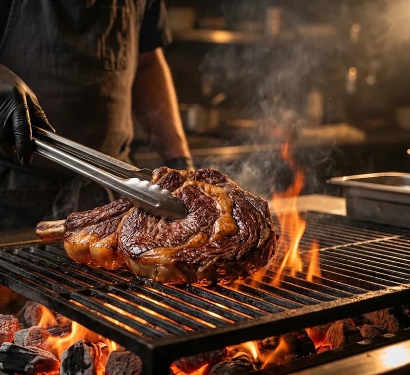 A steak searing over open charcoal