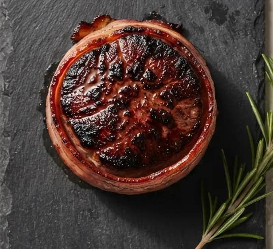 A filet mignon medallion wrapped in a bacon band, on a dark slate board.