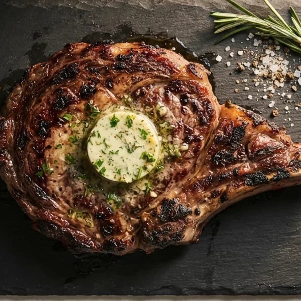 A tall thick-cut ribeye, sliced to show the interior, on a dark slate board.