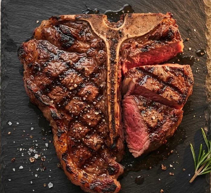 A heavily charred T-bone on a dark slate board.