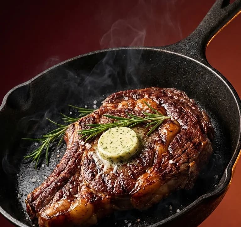A thick-cut ribeye resting on a cast-iron skillet, sliced to a medium-rare centre with herb butter melting on top.
