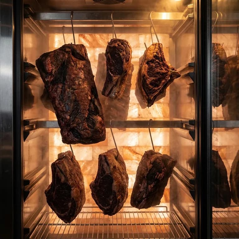 Beef ageing on racks in a dry-aging cabinet