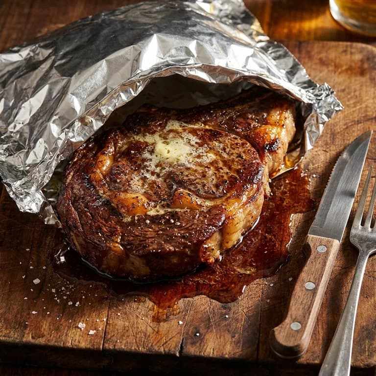 A rested steak sliced on a board