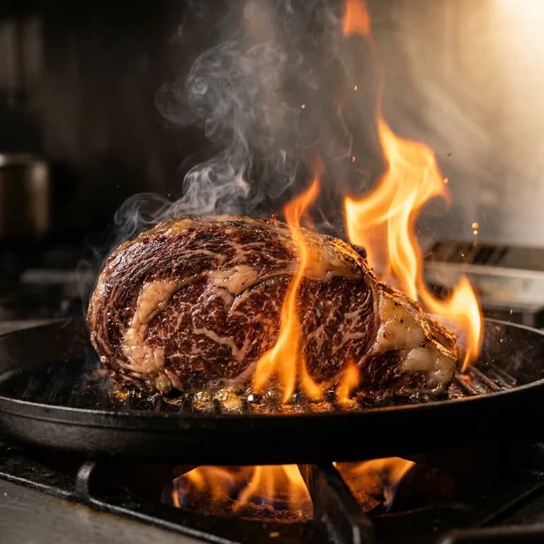A steak flaring over charcoal
